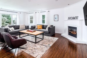 Smart TV, fireplace, video games, DVD player