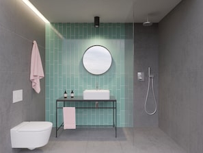 Combined shower/bathtub, hair dryer, towels, soap