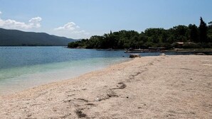 Une plage à l’eau claire, avec un rivage sablonneux et une zone boisée en arrière-plan.