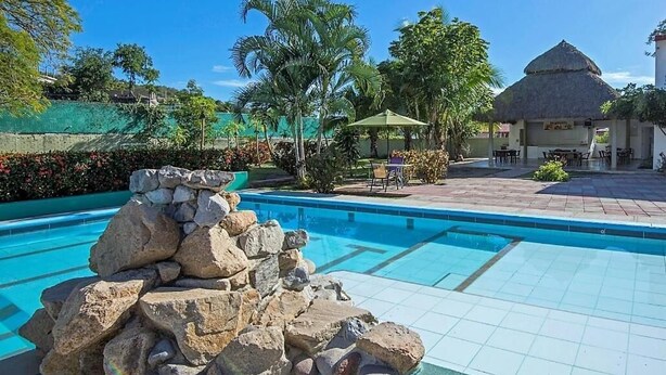 A swimming pool with a rock formation, surrounded by palm trees and a thatched-roof structure. - Hotel Parotas Manzanillo (Manzanillo)