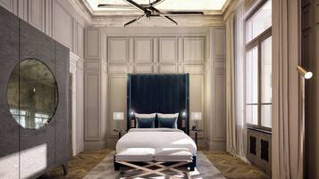 Un dormitorio con una cama grande, un espejo redondo, un ventilador de techo y vistas al exterior a través de una ventana.