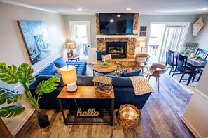 TV, fireplace, books