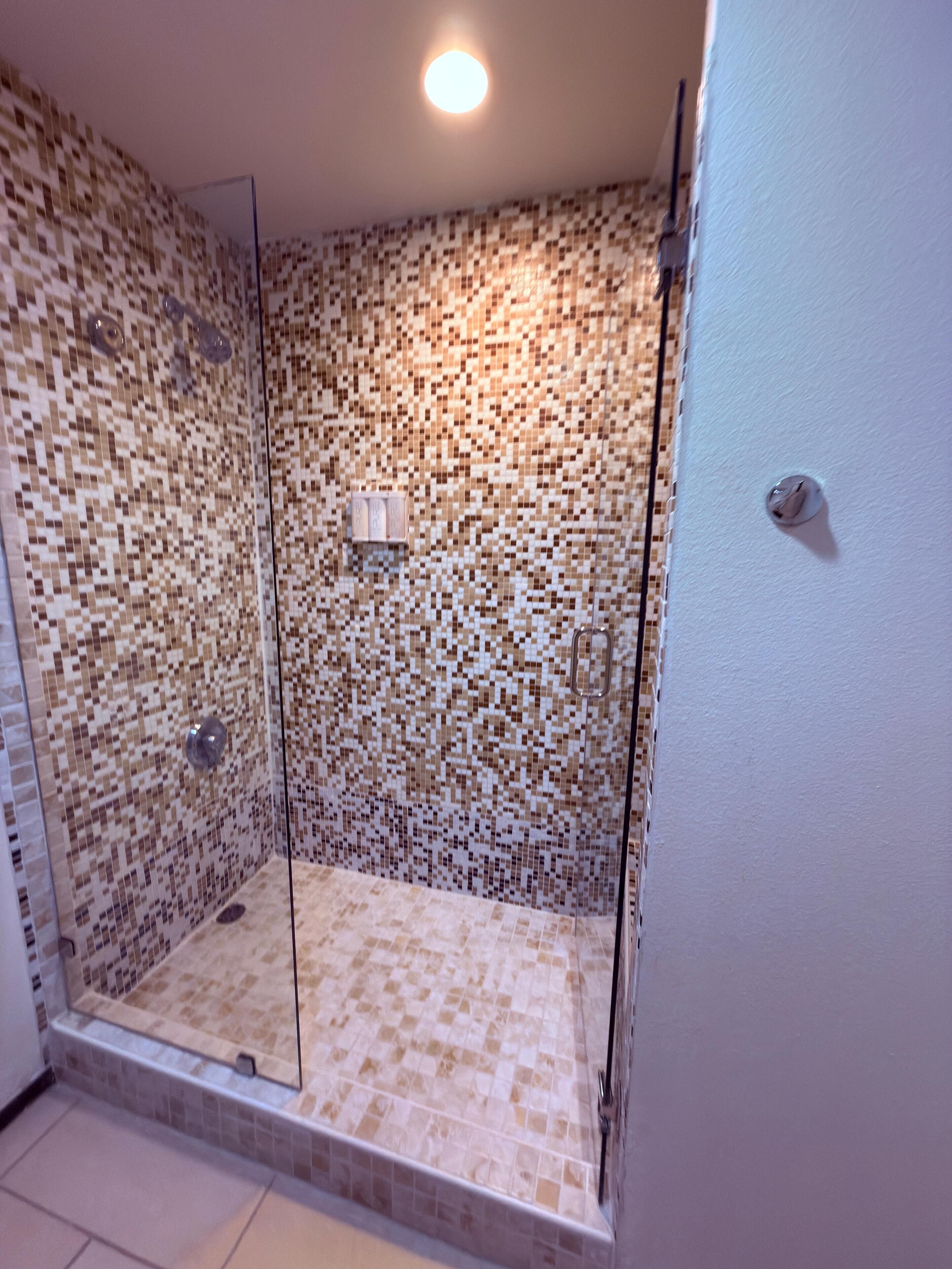 A shower with mosaic tile walls and floor, a glass door, and a ceiling light.