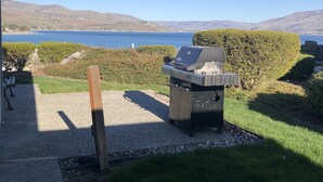 Un barbecue installé dans un jardin offrant une vue sur un lac et des collines.