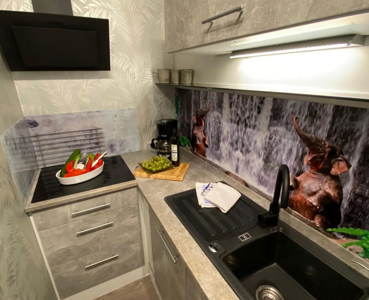 Une cuisine moderne dotée d’un plan de travail noir, d’un évier et d’un mur décoratif orné d’une sculpture représentant une cascade et un éléphant.
