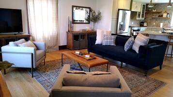 Smart TV, lareira, DVD player, livros