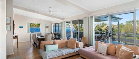 Una televisión, una chimenea, libros