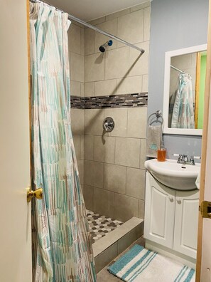 Combined shower/tub, towels, soap, toilet paper - Ark house in the farm (Willis)