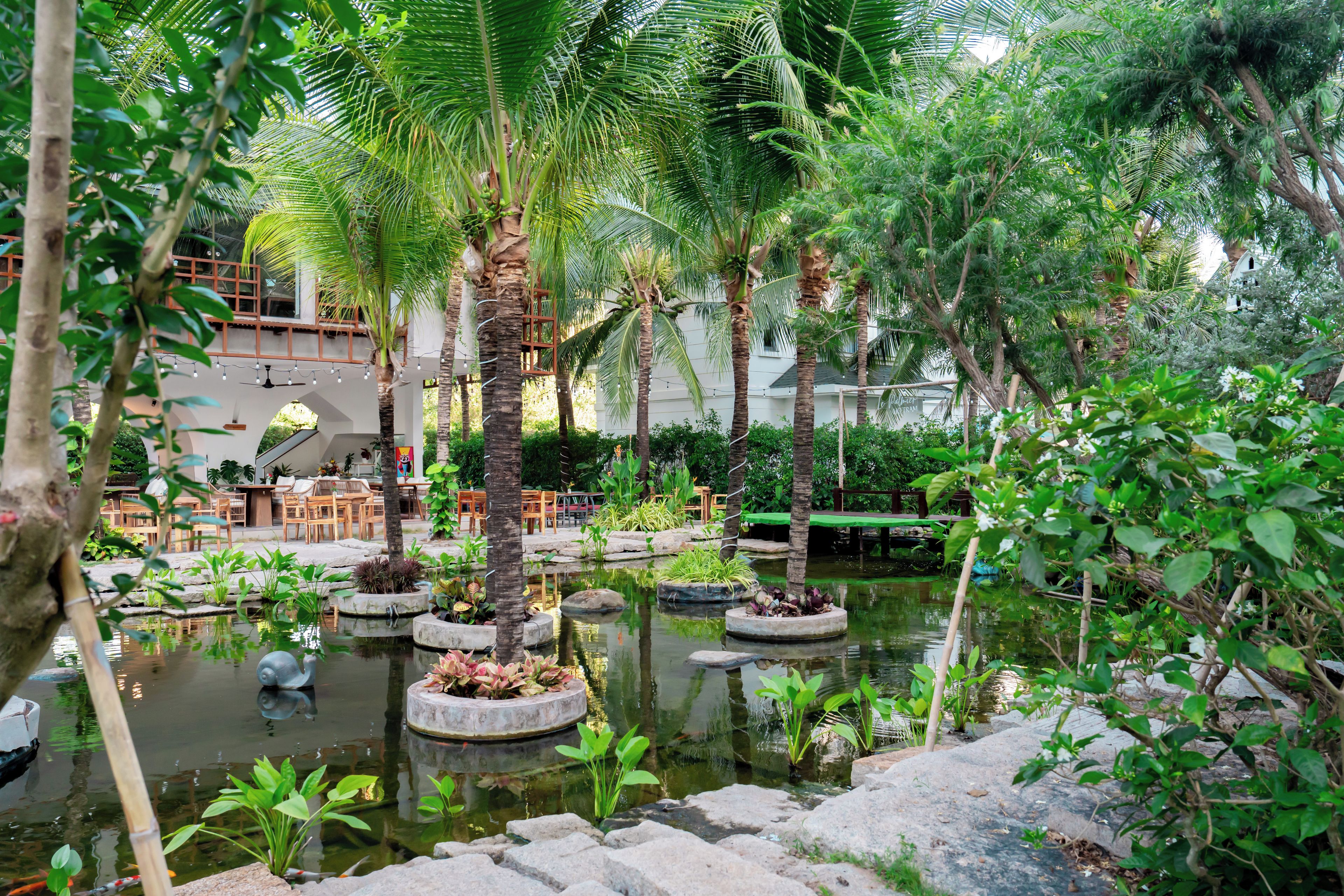 A tranquil garden with a pond, surrounded by tropical plants and a wooden deck.