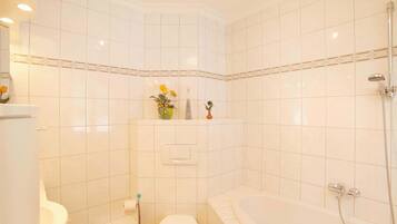 Hair dryer, towels, soap, toilet paper