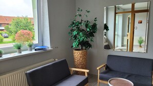 Huoneessa on sohva, kaksi tuolia, pieni pöytä ja suuri ruukussa oleva kasvi.