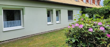 Una hilera de casas con muchas ventanas y un césped cuidado.