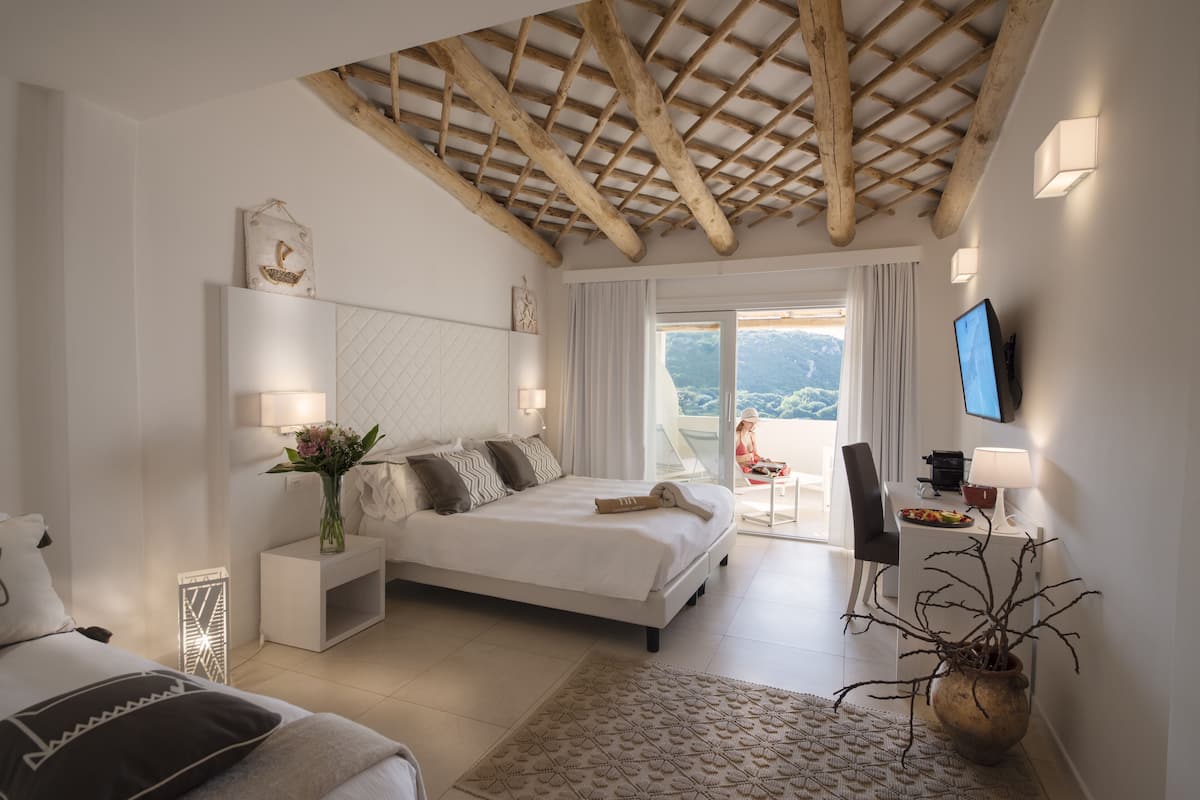 A modern bedroom with a large bed, bedside tables, a TV, and a view of the outdoors.
