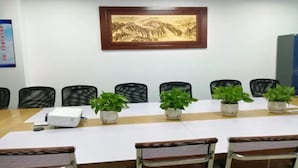 A conference room with a long table, chairs, a projector, and potted plants. - Chonpines Hotel (Zhanjiang)