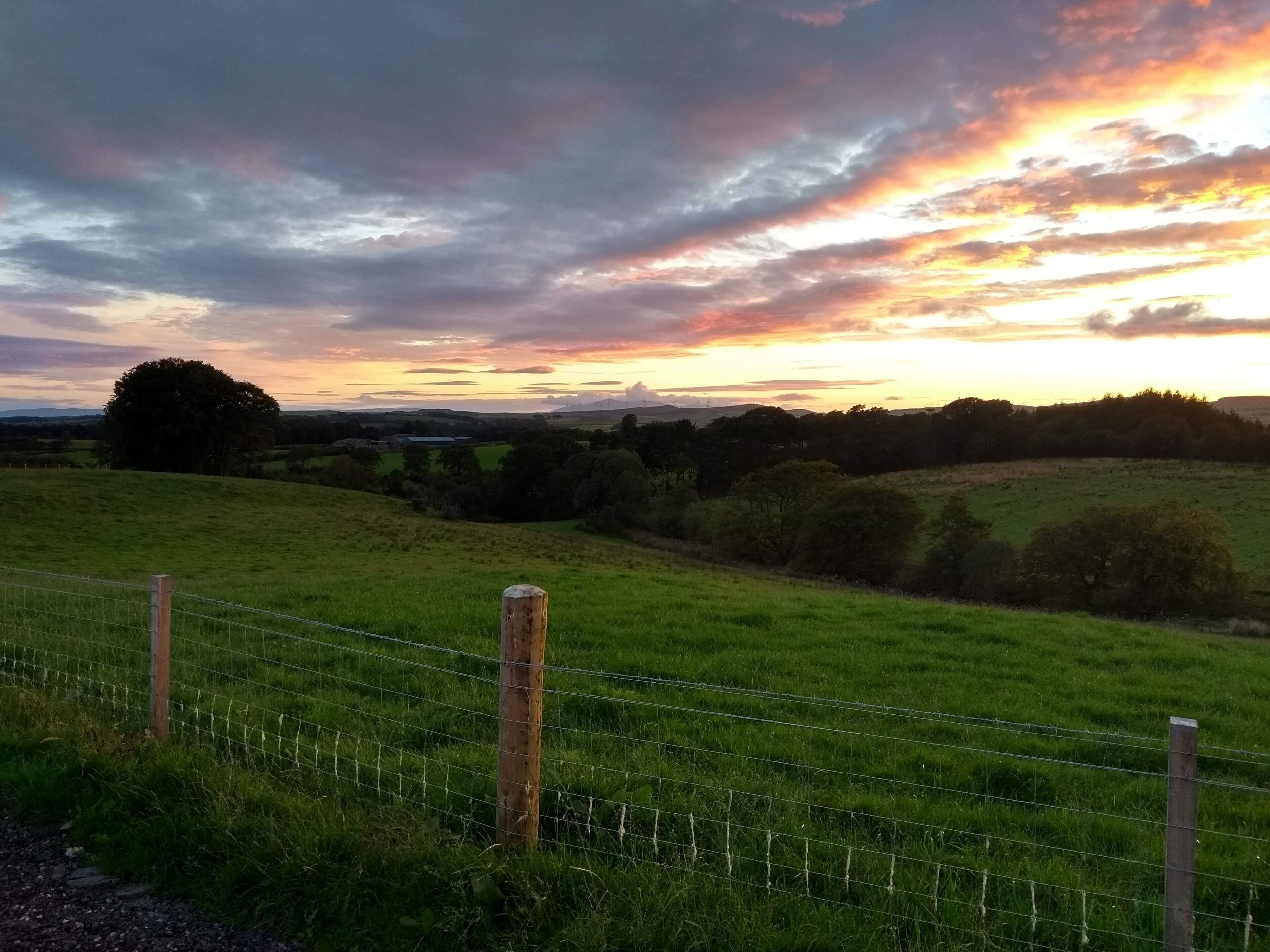 A rural landscape with a grassy field, a wooden post, and a wire fence.