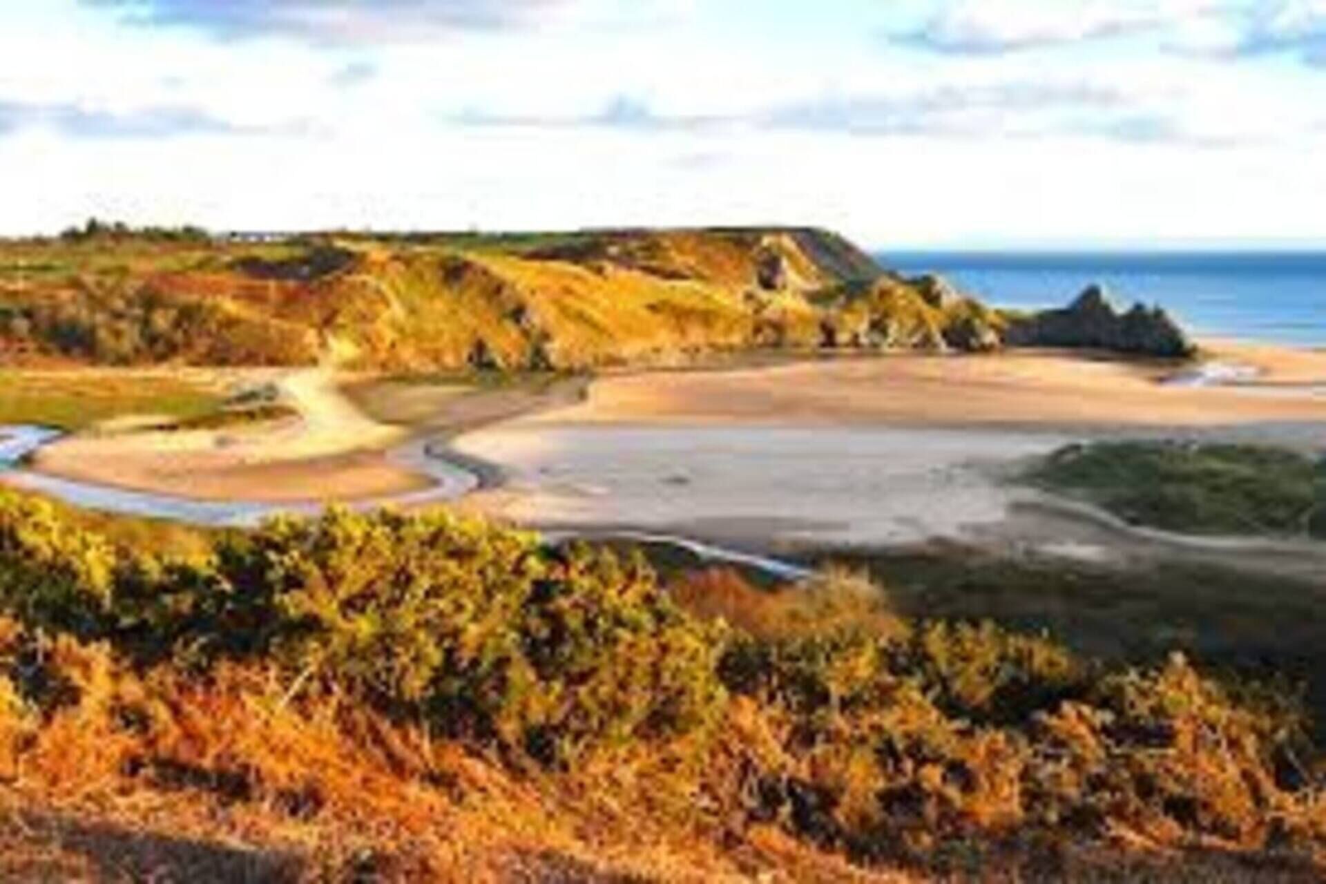 A coastal landscape with a sandy beach, grassy dunes, and a rocky outcrop.