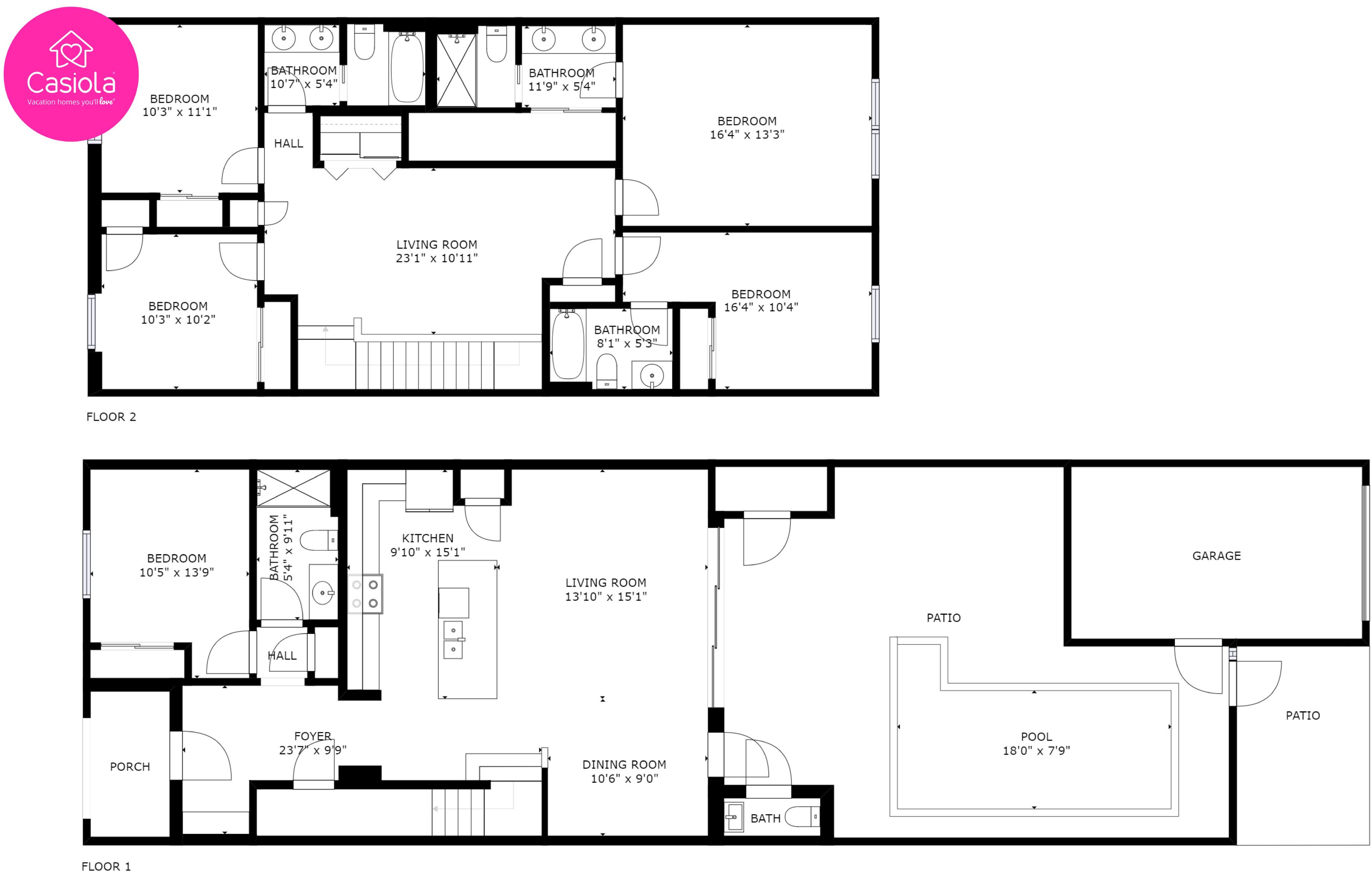 A floor plan of a vacation home with two floors, including bedrooms, bathrooms, a living room, kitchen, dining room, patio, and a garage.