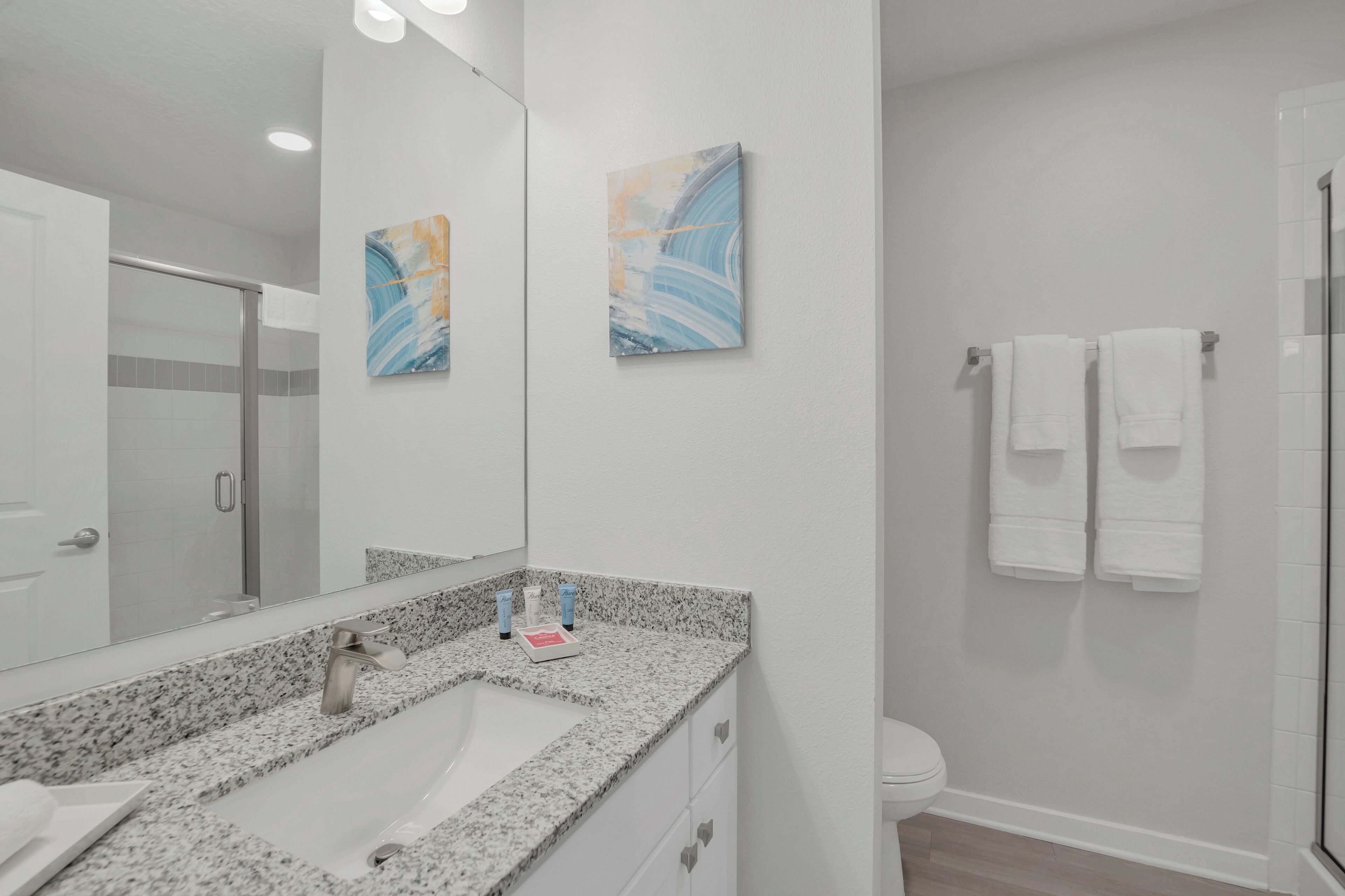 A modern bathroom with a granite countertop, a large mirror, two abstract paintings, a glass shower enclosure, and white towels on a rack.