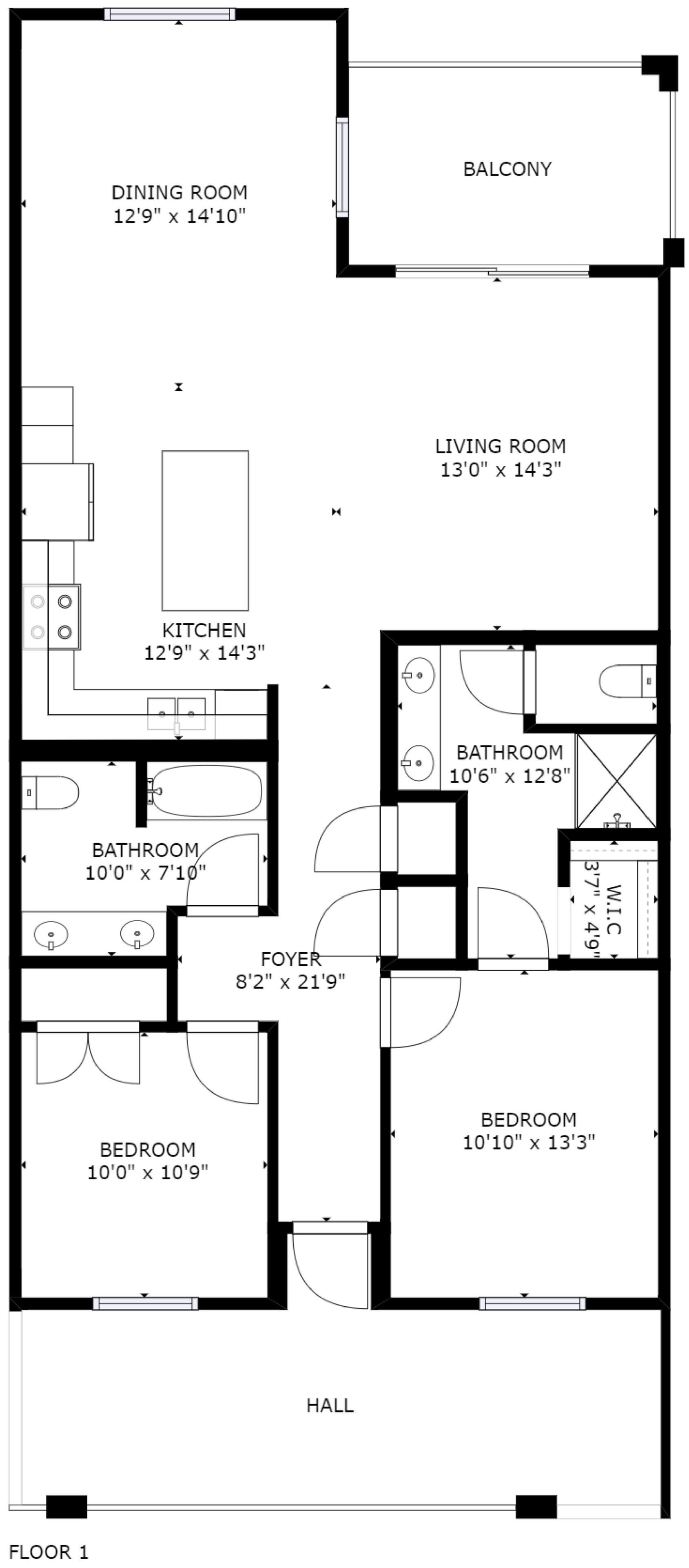 A floor plan of a vacation home with a dining room, balcony, living room, kitchen, two bathrooms, a foyer, two bedrooms, and a hall.