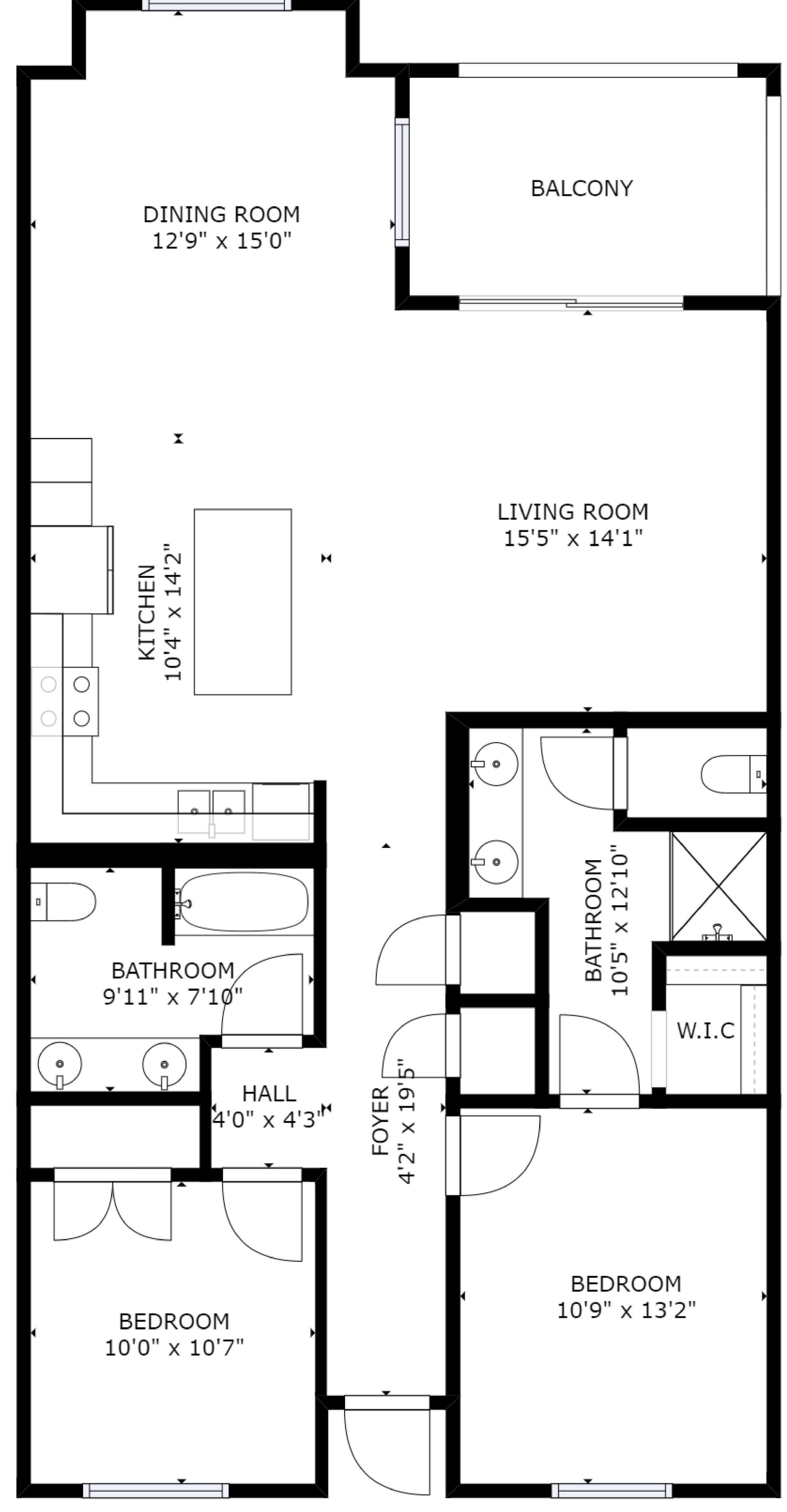 A floor plan of a vacation home with a dining room, balcony, living room, kitchen, two bathrooms, a hall, two bedrooms, and a foyer.