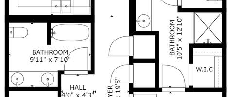 A floor plan of a vacation home with a dining room, balcony, living room, kitchen, two bathrooms, a hall, two bedrooms, and a foyer.