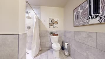 Combined shower/tub, hair dryer, towels