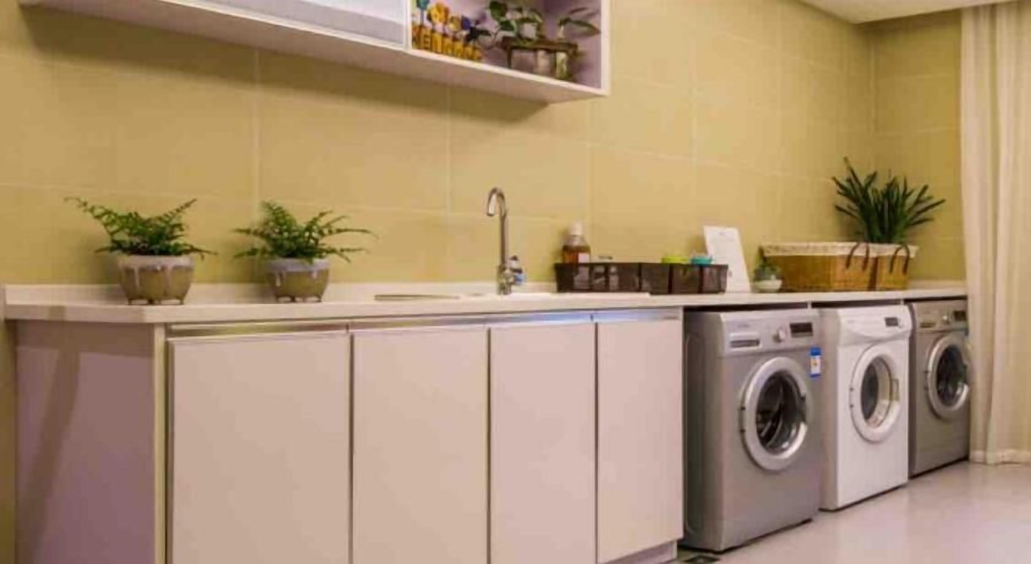 A laundry area with a washing machine and dryer, a sink, and potted plants.