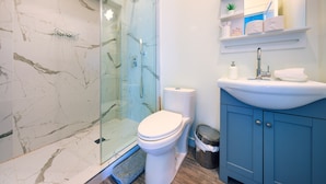 Une salle de bain avec une douche à parois de verre, des toilettes blanches, un lavabo avec un miroir au-dessus et un meuble bleu.
