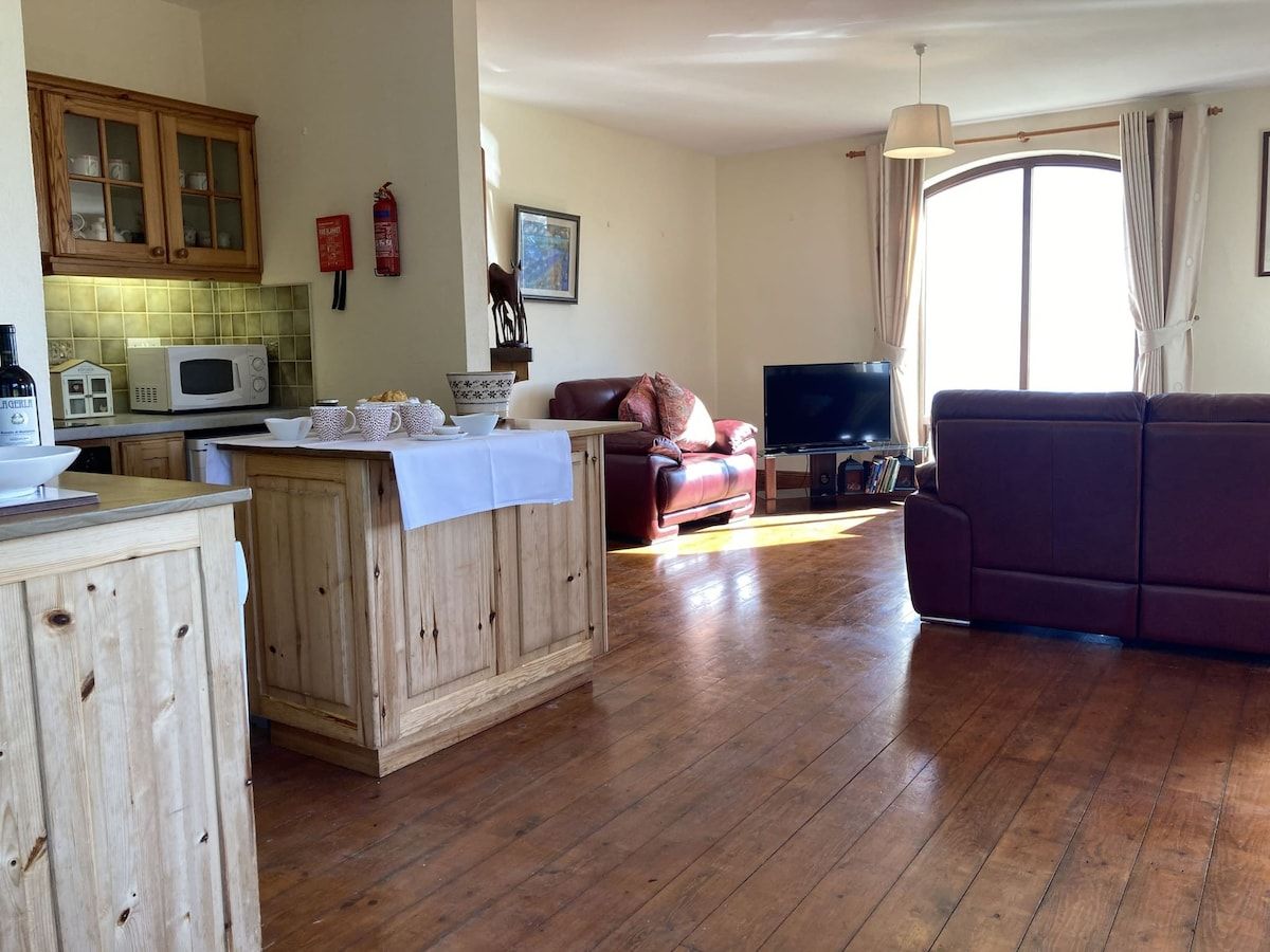 A living room with a wooden floor, a sofa, a television, and a kitchen area with cabinets and a microwave.