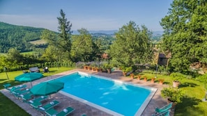 Une piscine rectangulaire bordée d’une terrasse carrelée, entourée de chaises longues vertes et de parasols.