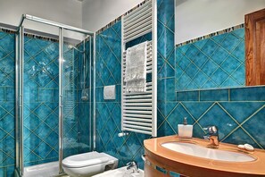 Shower, hair dryer, bidet, towels