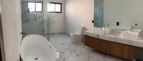 Bathtub, hair dryer, towels, soap
