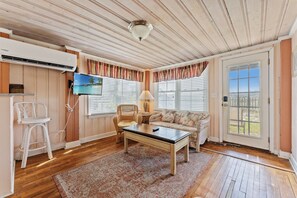 Una habitación con techo de madera, televisor, sofá, mesa y puerta que da al exterior.