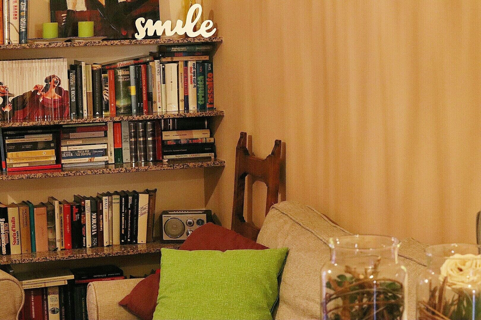 Una sala de estar acogedora con una estantería llena de libros, una radio antigua y un sofá cómodo con cojines.