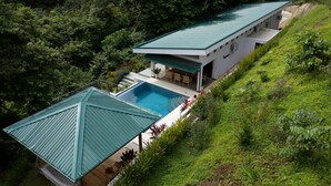 A modern house with a swimming pool, surrounded by lush greenery.