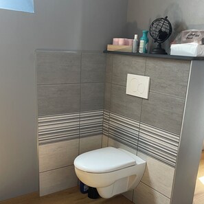 Shower, jetted tub, hair dryer, toilet paper
