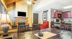 Smart TV, fireplace, video games, DVD player