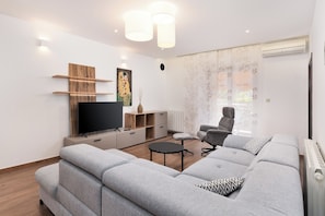 Un salon moderne avec un canapé gris, une table basse noire, un téléviseur et un vase décoratif.