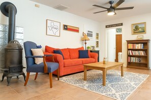 Smart TV, fireplace, DVD player, books