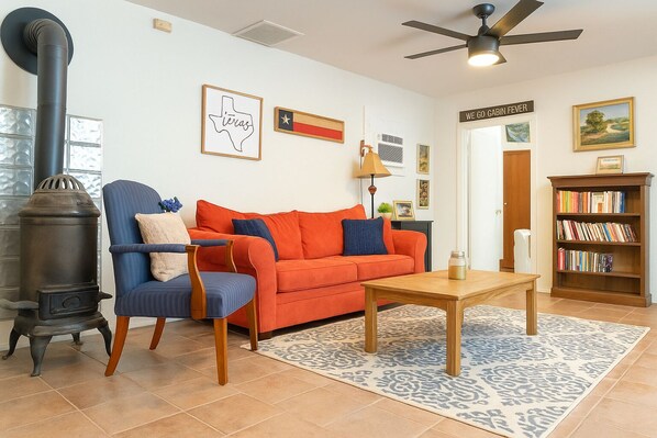 Smart TV, chimenea, reproductor de DVD y libros