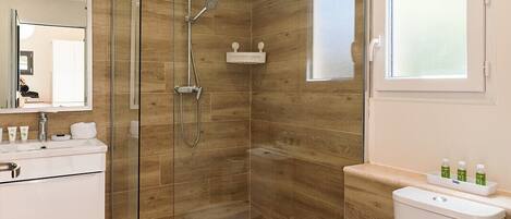 Shower, hair dryer, towels, soap