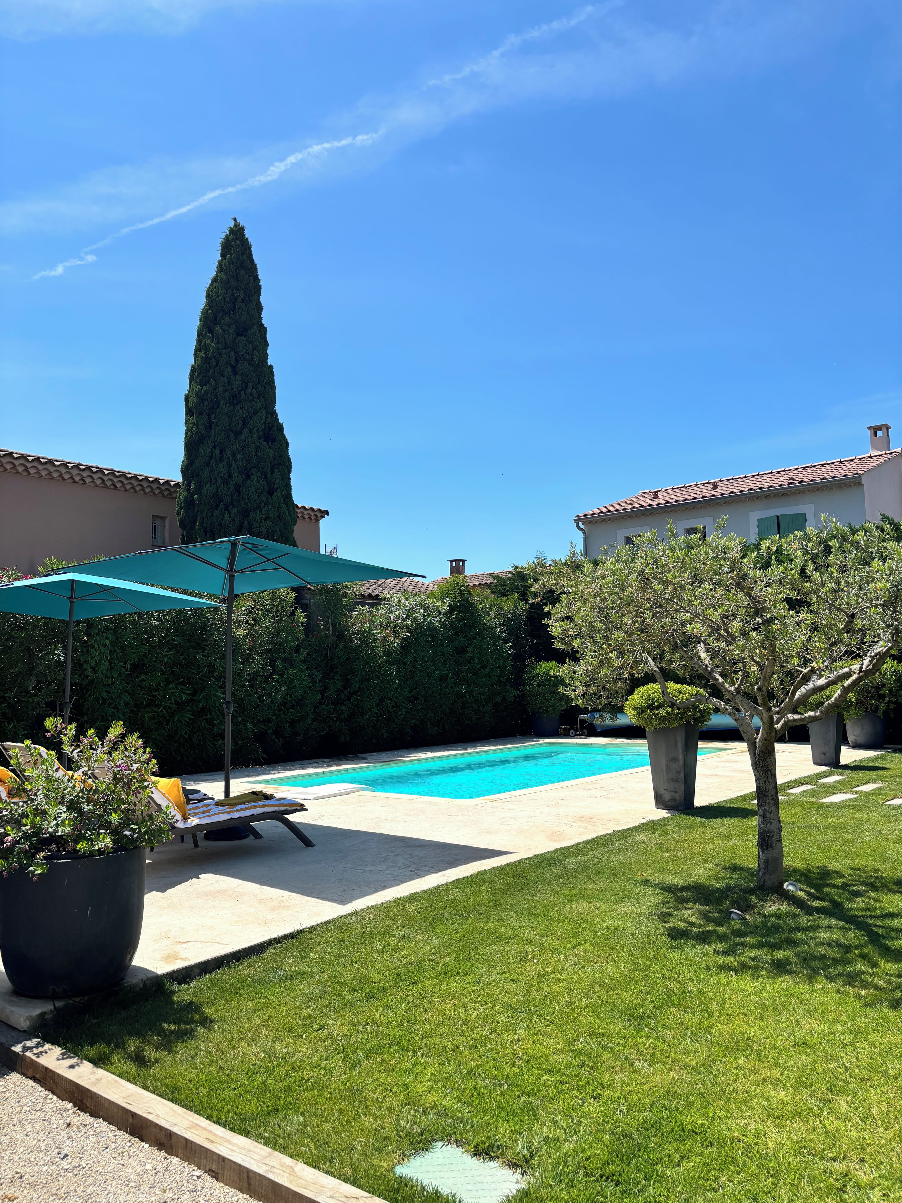 A swimming pool with lounge chairs and umbrellas, surrounded by well-maintained grass and trees.
