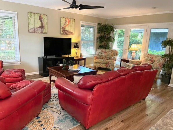 Smart TV, fireplace, books, computer monitors