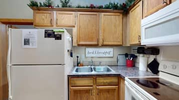 Coffee/tea maker, fridge, microwave, oven