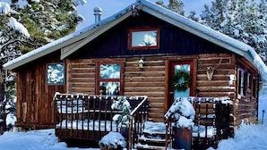 A wooden cabin with a snow-covered roof, a front porch with steps, and a wreath on the door.