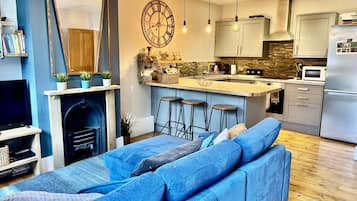 Smart TV, fireplace, books