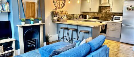 Smart TV, fireplace, books