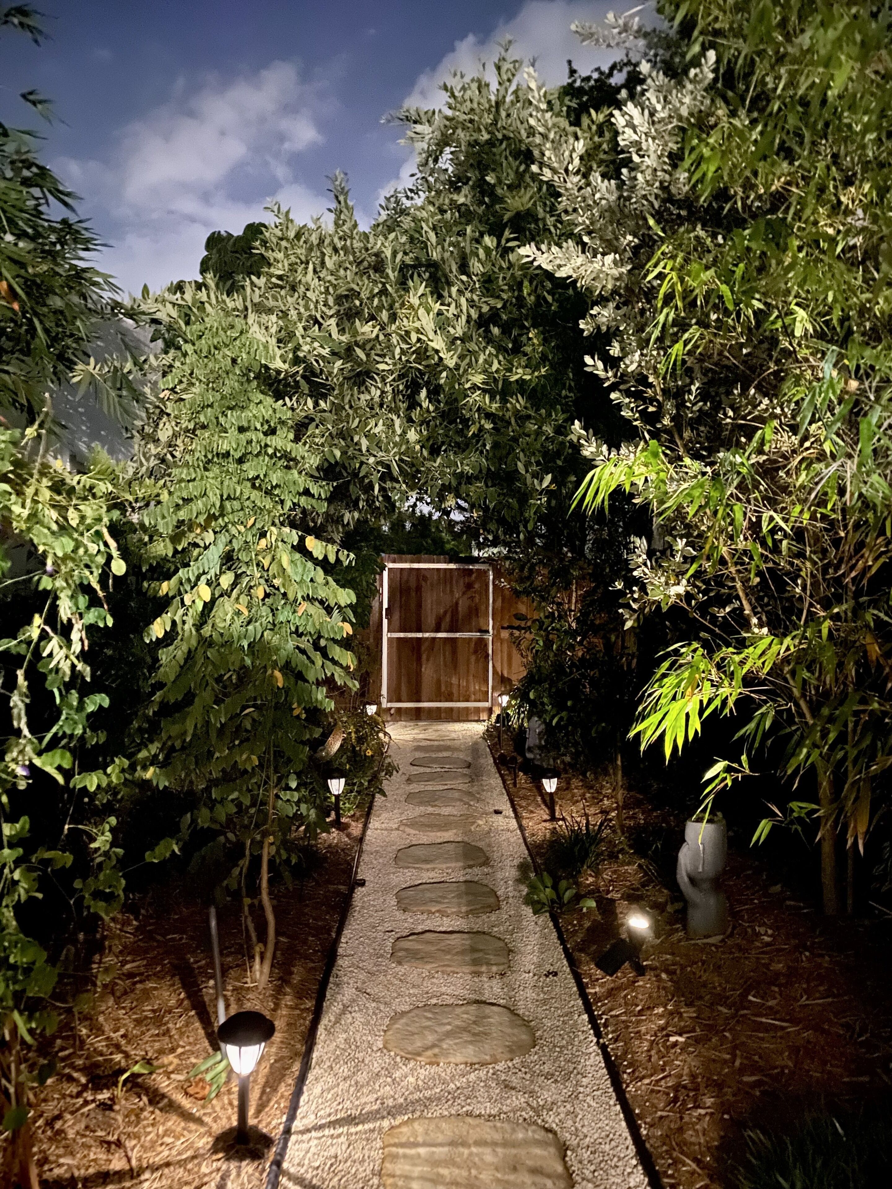 Un sendero de piedra que conduce a un portón de madera, rodeado de follaje denso y luces de jardín.