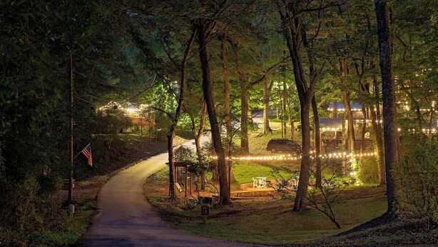 Une zone boisée avec un sentier aménagé, une petite construction et des guirlandes lumineuses.