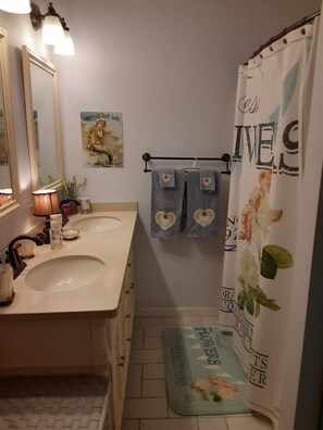 Combined shower/bathtub, towels, soap, toilet paper - A sandy beach vacation on beautiful Crooked Lake (Alanson)